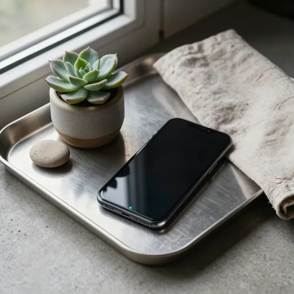 Smartphone noir sur plateau alu avec succulente, galet céramique et linge plié, diode cyan.