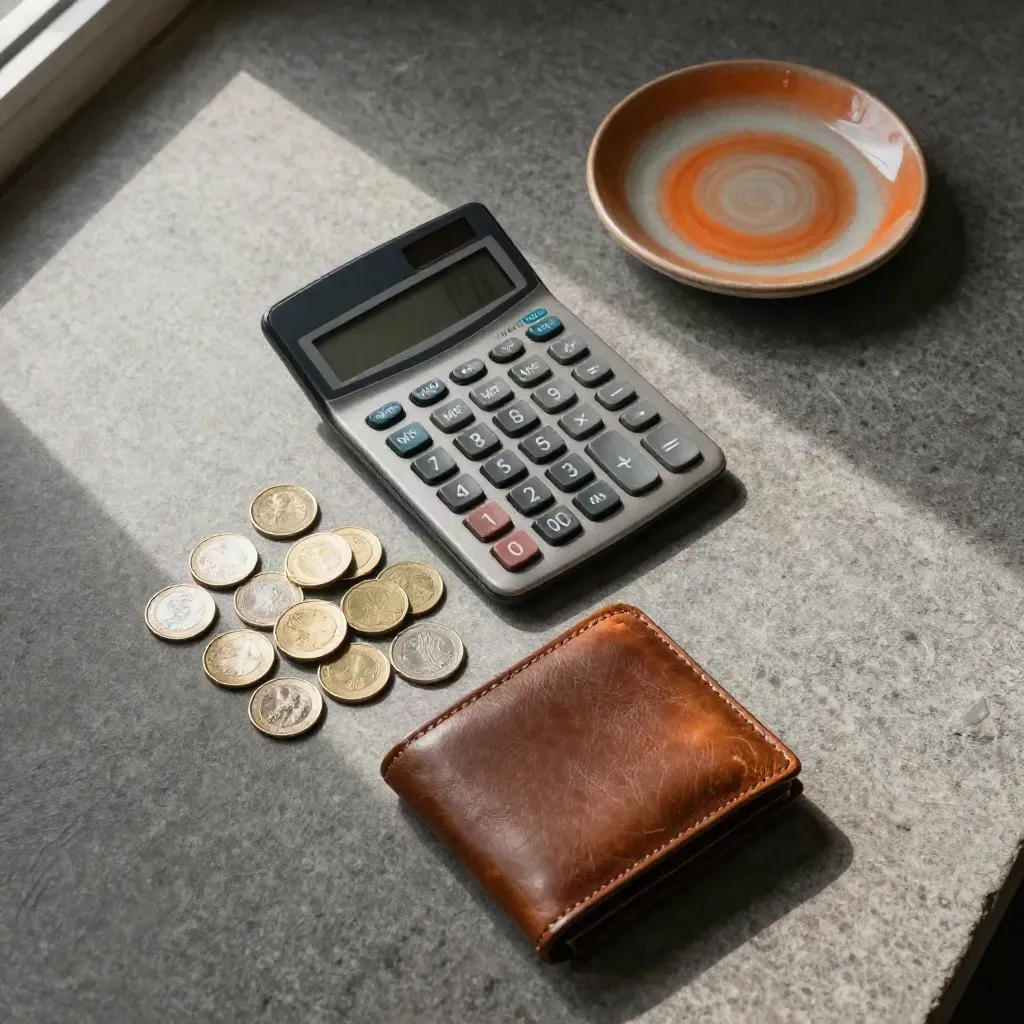 Calculatrice grise, pièces, portefeuille en cuir et coupelle en céramique sur pierre mate.