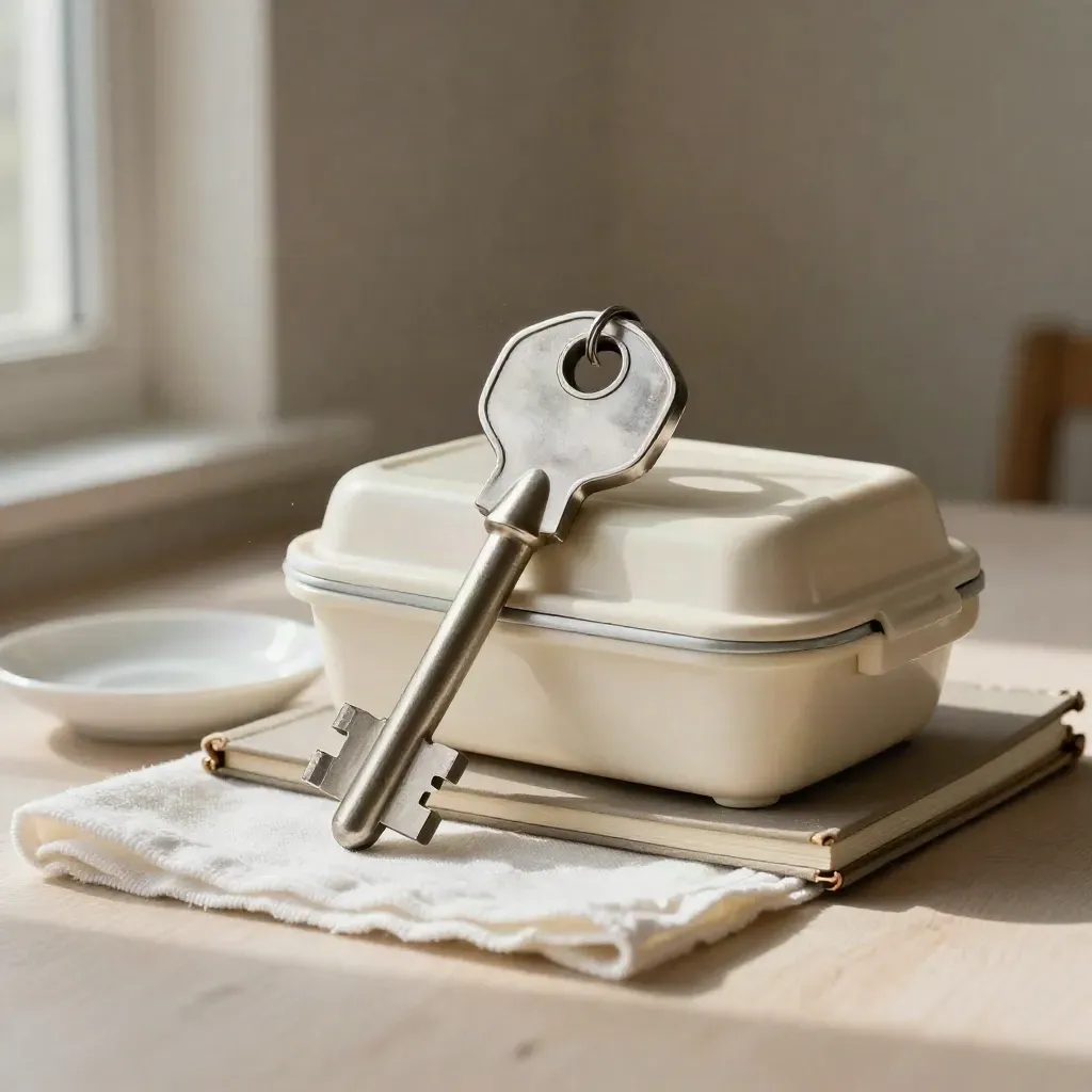 Clé d’appartement, boîte à lunch, carnet fermé et soucoupe en faïence sur bois clair.
