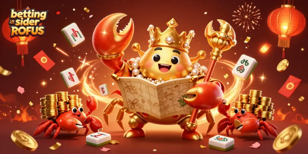 Engage with dynamic betting sider uden ROFUS illustrated by a golden crab emperor amidst celebratory casino elements.
