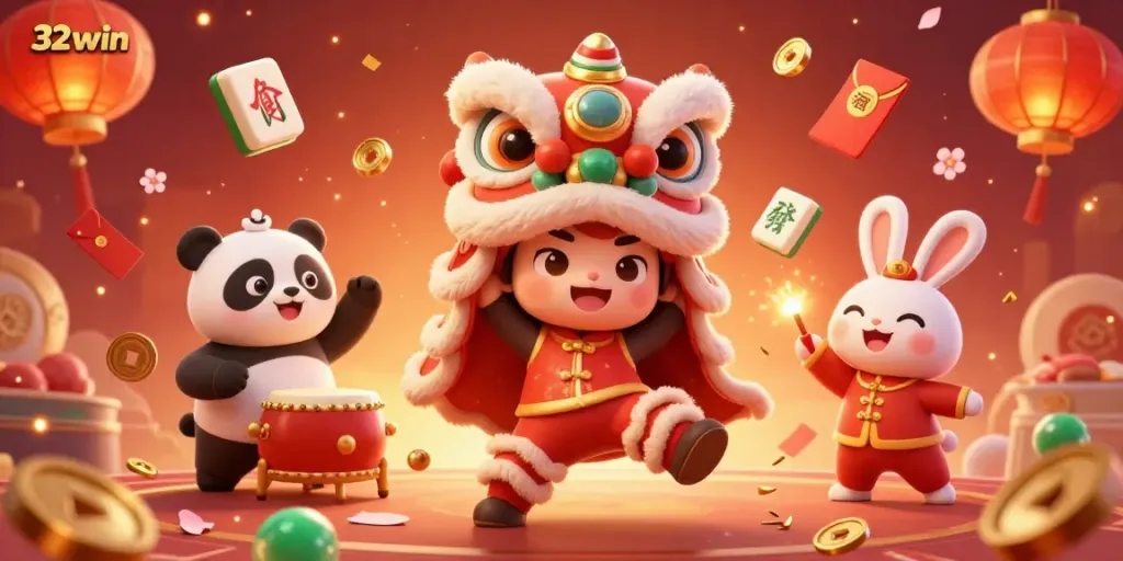Experience the vibrant energy of 32win with animated characters celebrating in a dynamic casino scene.