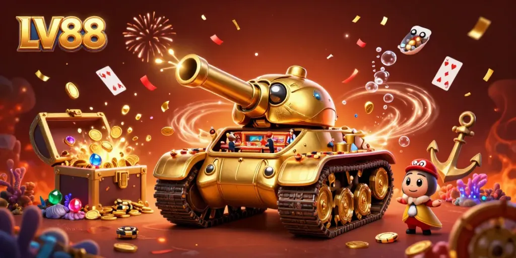 Experience the excitement of LV88 with a bustling miniature casino in a golden beetle tank, bursting with treasure.