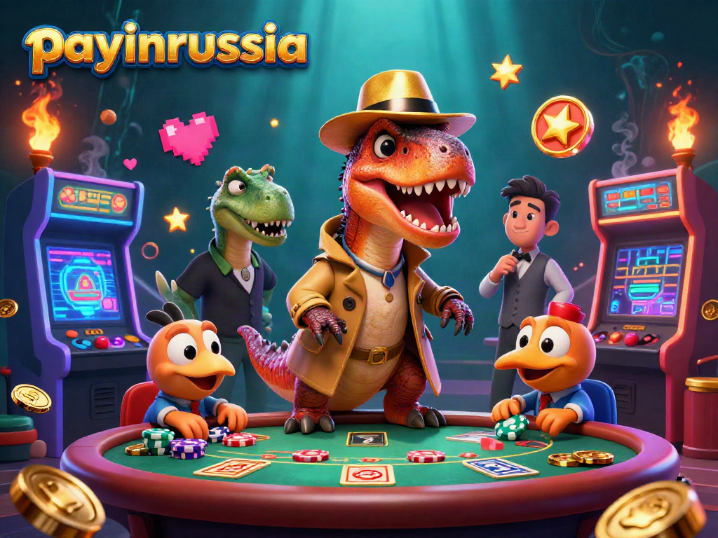 Payer en Russie avec payinrussia, le velociraptor joueur au blackjack entouré de jeux d'arcade colorés.