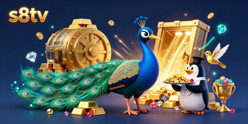 Engage in thrilling gameplay at s8tv with vibrant scenes of peacock, penguin, and hummingbird amidst casino treasures.