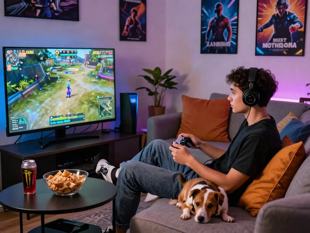 Người chơi game f168 trong phòng khách sống động cùng với đồ uống và đồ ăn nhẹ.