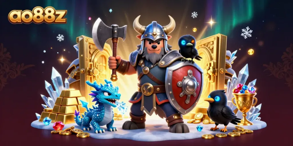Engage with excitement at ao88z, featuring vibrant Viking warrior, fierce dragon, and treasure in a grand casino scene.