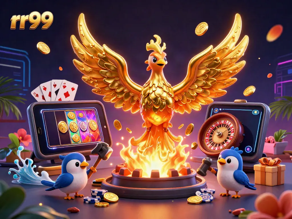 Experience thrilling wins with rr99 in this vibrant 3D casino scene featuring a golden phoenix.