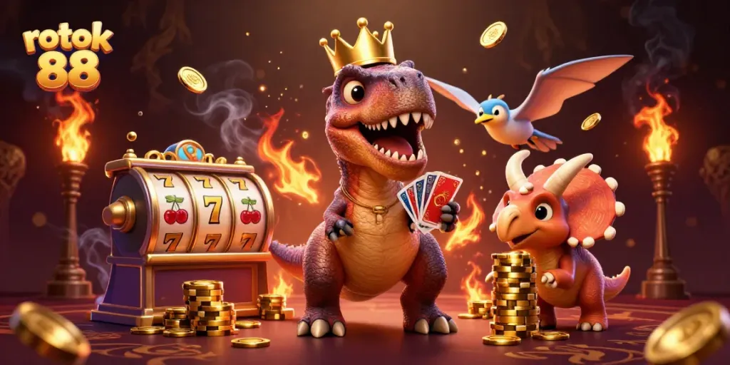 Bermain rokok 88 di kasino dengan T-Rex, pterodactyl, dan triceratops yang penuh warna.