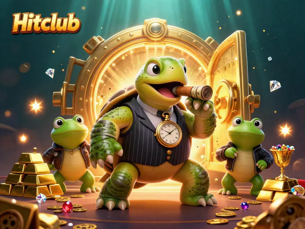 Experience Hitclub's vibrant casino energy with a turtle mobster and bullfrogs in a treasure-filled scene.