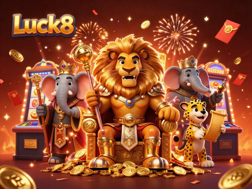 Engage in fun at Luck8's casino with vibrant characters, dynamic game elements, and festive atmosphere.