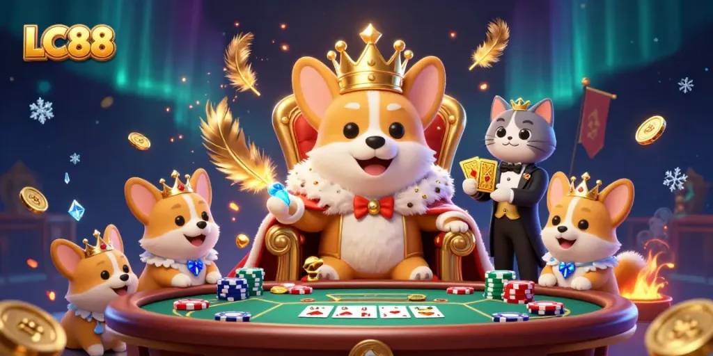 Engage with LC88's vibrant casino atmosphere featuring a royal corgi seated on poker chips.