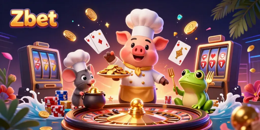 Zbet showcases a dynamic 3D illustration featuring a chef pig and characters surrounded by casino elements, celebrating winnings.