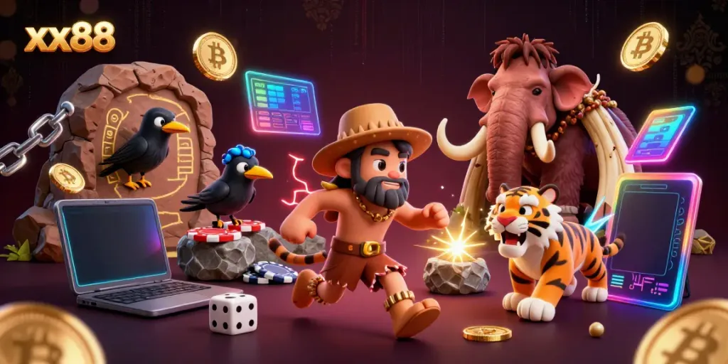 Engage in thrilling casino gameplay at xx88 with a prehistoric twist featuring a caveman, sabertooth tiger, and crow.