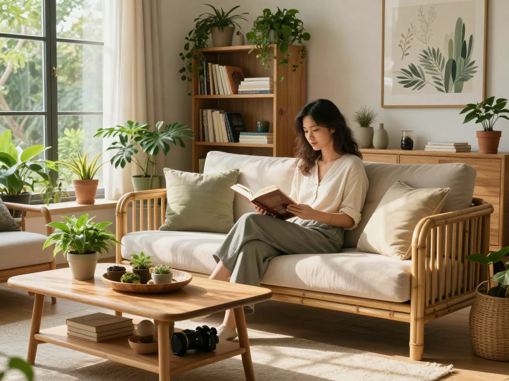 Shashel® décor éco-responsable dans un salon lumineux avec femme lisant un livre.