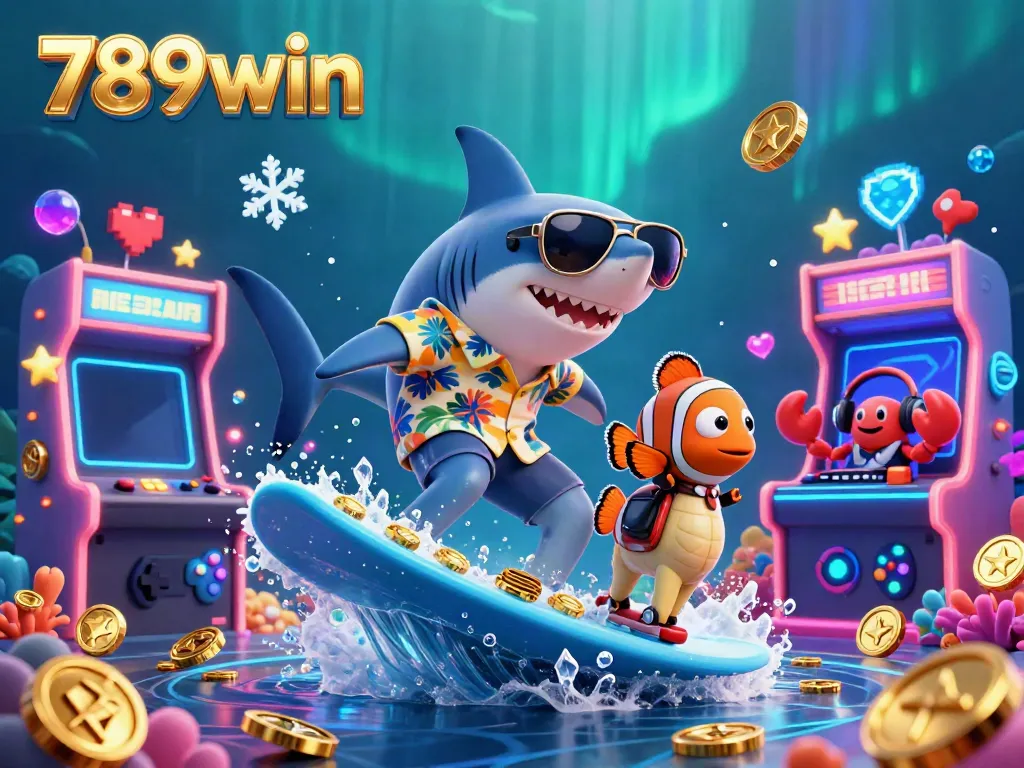 Experience winning excitement at 789win with vibrant 3D casino characters surfing through glowing coins.