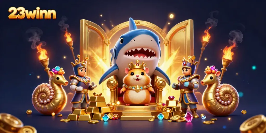 Experience the excitement of 23winn as the golden hamster king enjoys a treasure-filled casino throne.