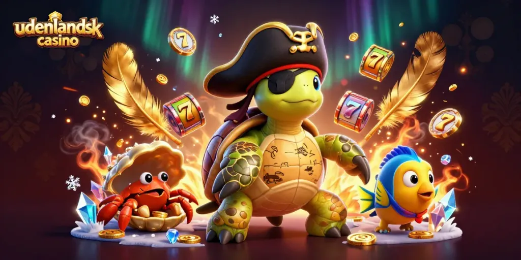 Engaging scene of udenlandsk casino action showcasing a pirate turtle, golden crab, and parrotfish over slot reels and treasures.