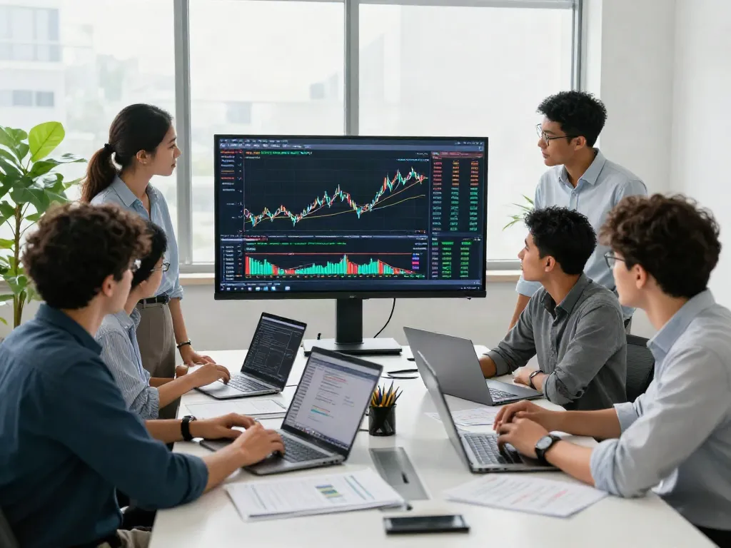Équipe professionnelle utilisant essor invexaro pour analyser les données de marché dans un bureau moderne.