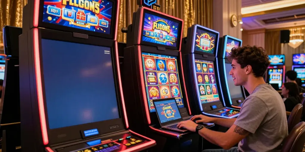 Joueur engagé sur un casino en ligne avec machine à sous virtuelle, ambiance excitante.