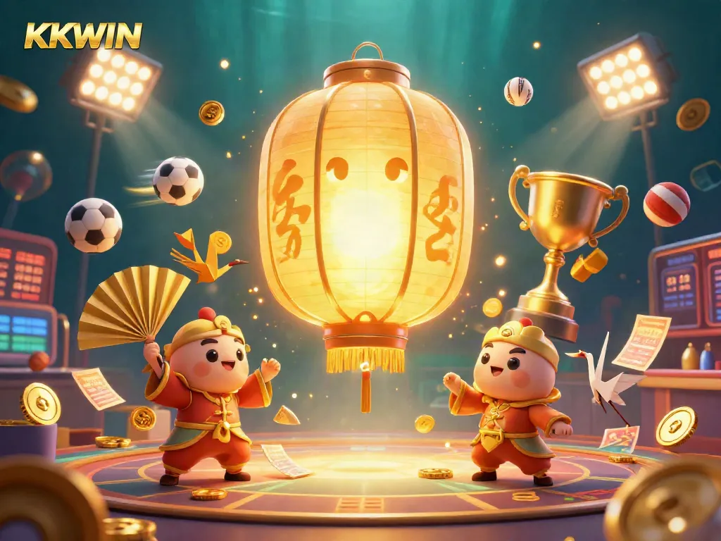Experience KKWIN's vibrant casino scene with golden lanterns, lucky symbols, and dynamic sports betting elements.