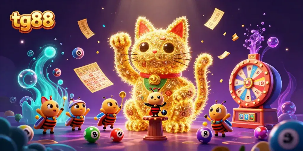 Experience thrilling luck and excitement with tg88’s lively casino scene featuring a golden lucky cat and vibrant game elements.