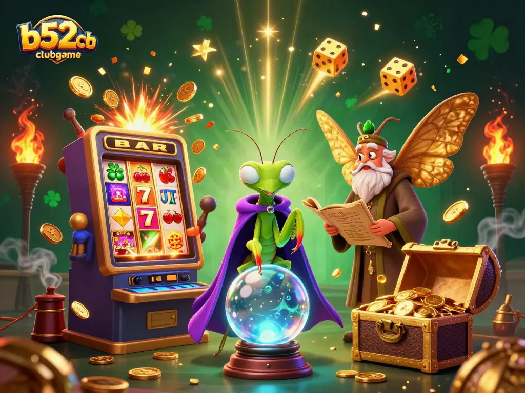 Experience thrilling gameplay at b52clubgame with a vibrant casino scene filled with slots, fortune tellers, and jackpot wins.