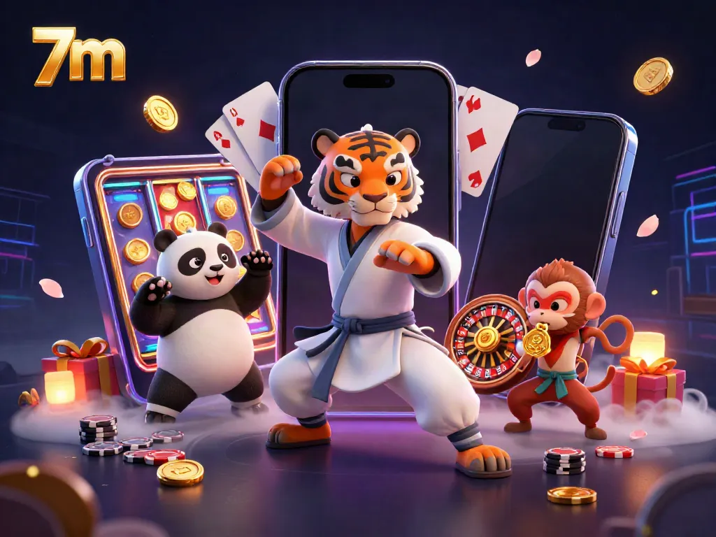 Engage with 7m's exciting gambling world through a vibrant 3D illustration of a kung fu tiger, panda, and monkey.