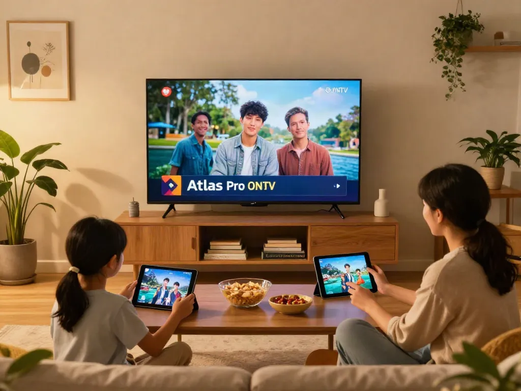 Famille profitant des divertissements avec Atlas Pro ONTV dans un salon confortable.