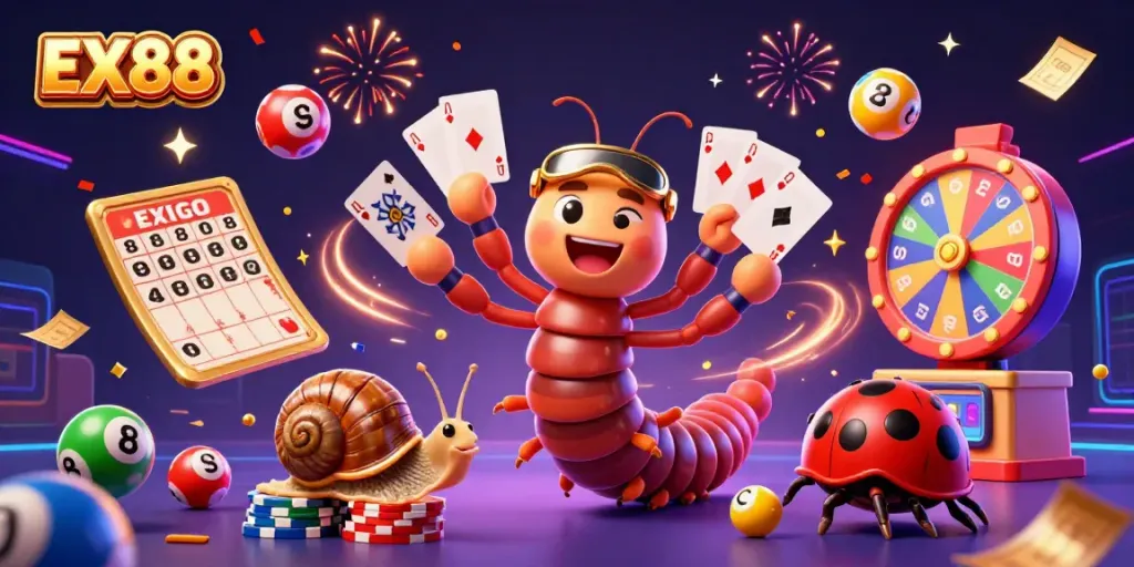 Experience the excitement of EX88 online gaming with colorful characters and dynamic casino elements.