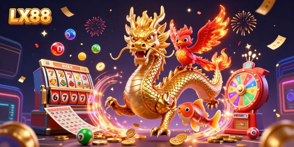 Engage with thrilling casino action at LX88 featuring a dragon, phoenix, and koi fish among slots and lottery elements.