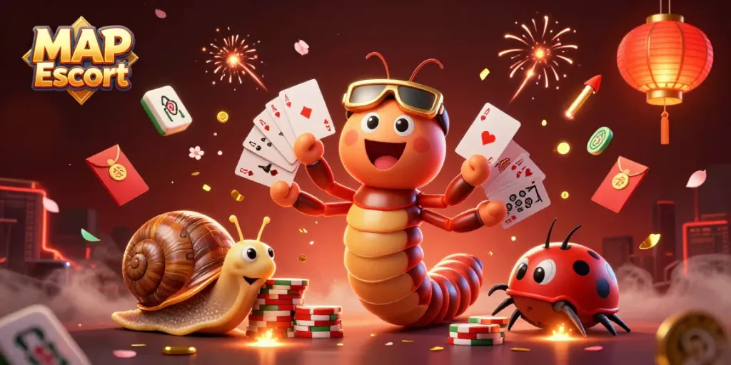Engage with the rich visuals of MAP Escort, showcasing a vibrant casino scene with a millipede dealer and high-rollers.