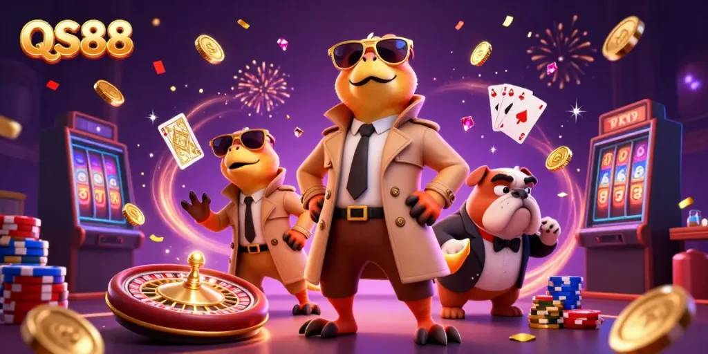 Experience the excitement of QS88 with three raptors in disguise entering a VIP casino lounge amidst flying coins and vibrant gaming elements.