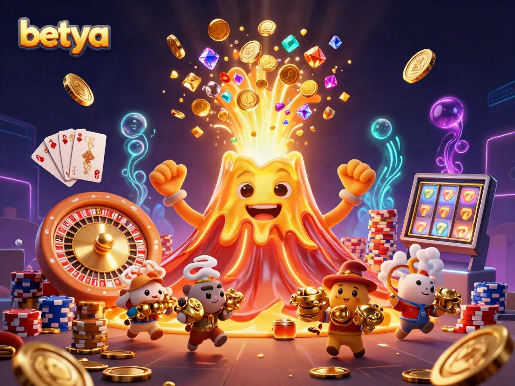 Experience excitement at Betya with a gold volcano erupting treasures in this dynamic casino scene.
