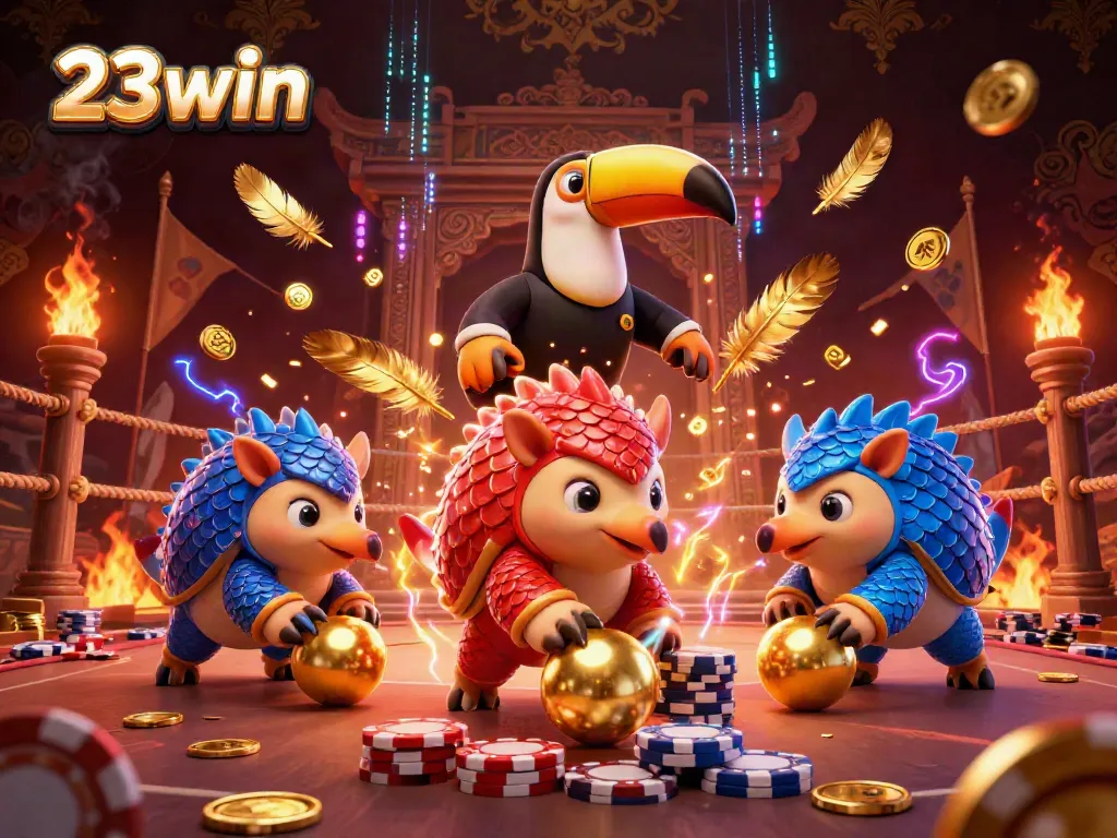 Experience thrilling action at 23win as rival pangolins compete with vibrant visuals and casino elements.