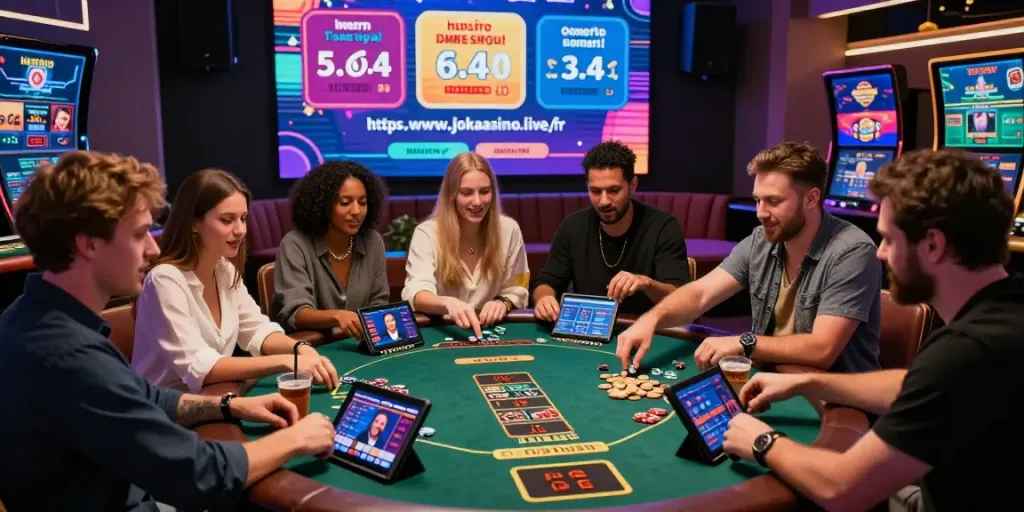 Excited friends enjoying live blackjack at https://www.jokacasino.live/fr in a vibrant online casino setting.