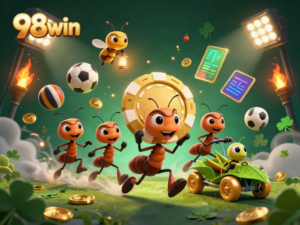 Join the fun at 98win, watching ants pull off a heist in a vibrant casino-themed illustration.